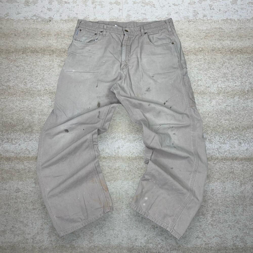 Vintage 90s Carhartt Carpenter Pants 38x32 Baggy Wide Leg Tan Canvas Dungarees - Picture 2 of 7